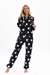 Women Flannel Black Sheep Print Onesie Long Sleeve Hooded Pajamas Costumes Zipper Jumpsuits