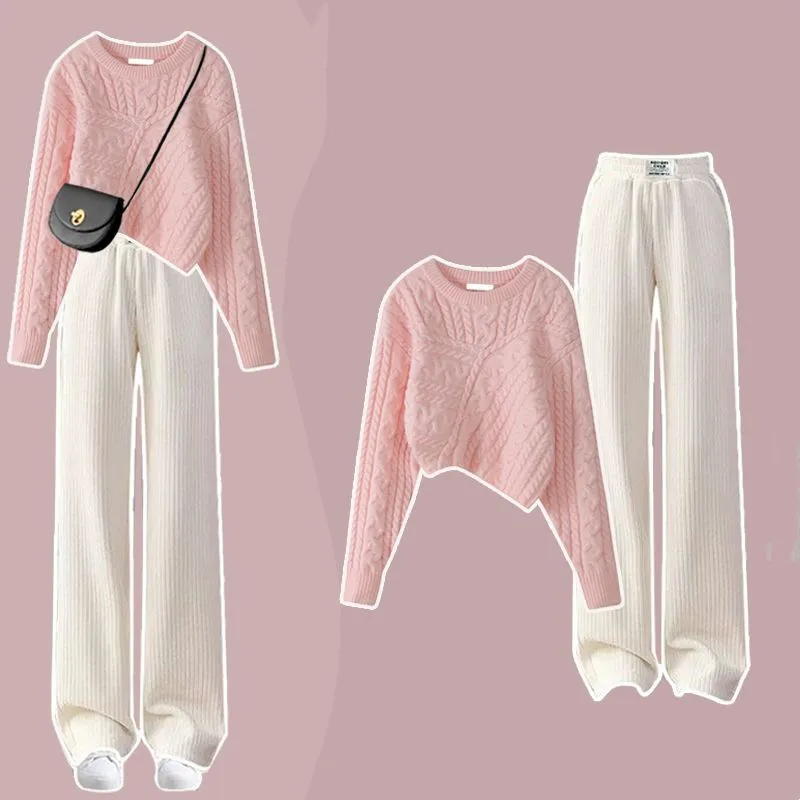 2024 Autumn/Winter Women\'s Set New Gentle Style Knitted Sweater+Slim Wide Leg Pants Two Piece Set