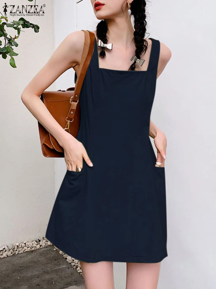 ZANZEA 2024 Korean Women Fashion Tank Dresses Summer Causal Cute Sleeveles Vestido Front Pockets Square Collar A-Line Mini Dress