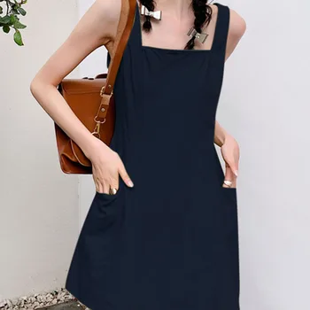 ZANZEA 2024 한국 여성 패션 탱크 드레스, 캐주얼 귀여운 민소매, 앞 주머니, 스퀘어 칼라, A 라인 미니 원피스, 여름 