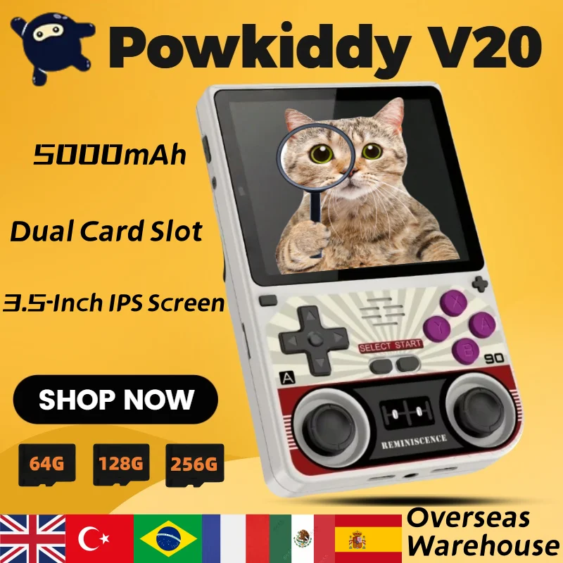 

POWKIDDY V20 Retro Handheld game machine 3.5-INCH IPS Screen Dual Card Slot 5000mAh Battery Handheld Game Machine Retro Stickers