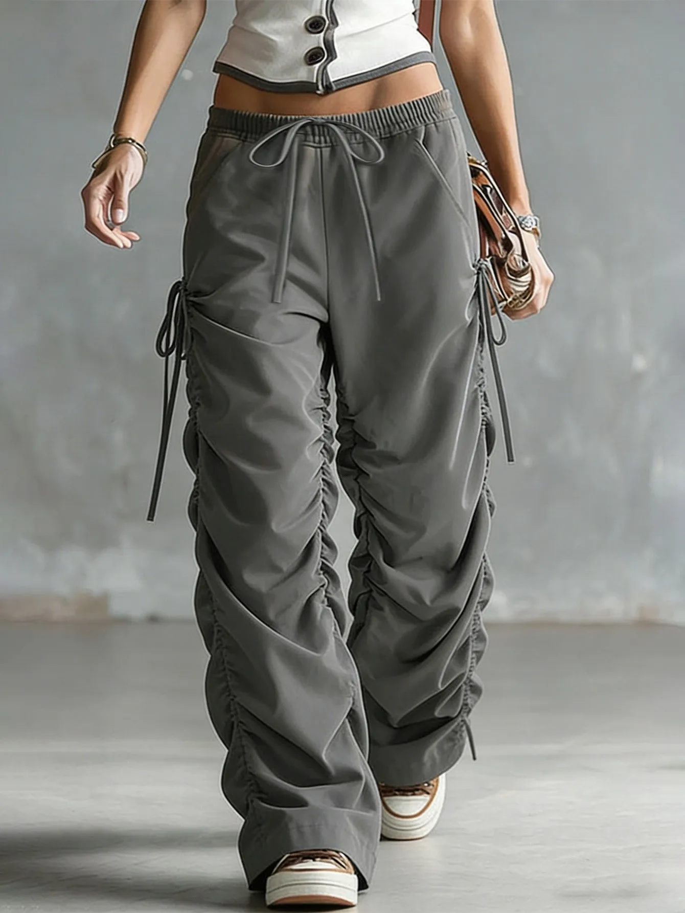 

Women Baggy Pants Loose Fit Drawstring Y2k Trousers High Waist Pleated Wide Leg Pants Solid Gray Slouchy Drop Crotch Pants