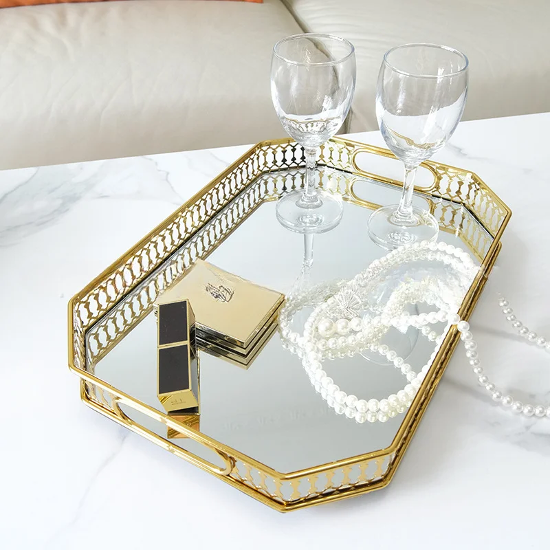 Light Luxury Glass Mirror Tray Metal Storage Living Room Coffee Table Water Cup Tea Tray Model Room Decoration Fruit Plate
