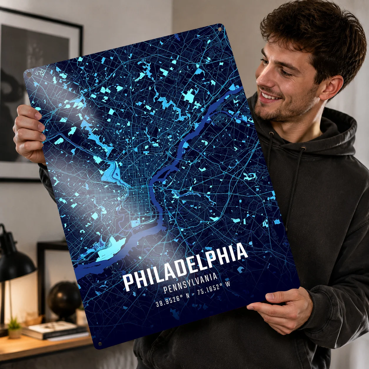 Philadelphia Midnight City Map 3D Texture Printed Poster Custom Vintage Metal Tin Plate Sign for Wall Art Garage Accessories
