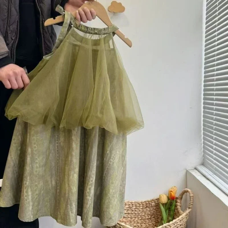 

2025 New Summer Girls' Forest Series Green Splicing Mesh Hanging Neck Strap Dress