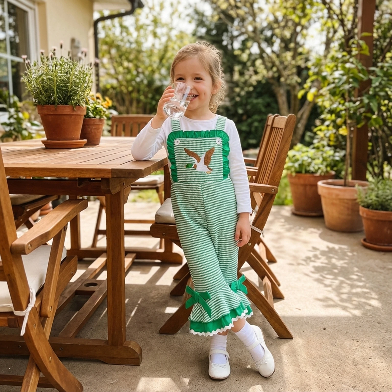 Kids ﻿Little Girls Overalls Adorable Duck Embroidery Striped Sleeveless Square Neck Bell Bottoms Jumpsuit