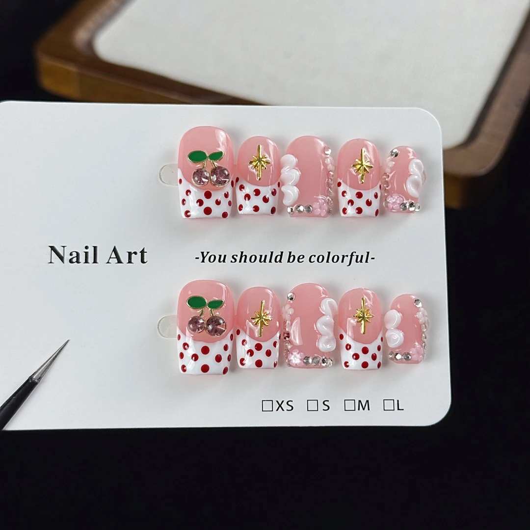 10pcs High-end Style girl version, hand-painted polka dot pattern, small cherries, flowers, with tiny diamond handmade fake nail image 2