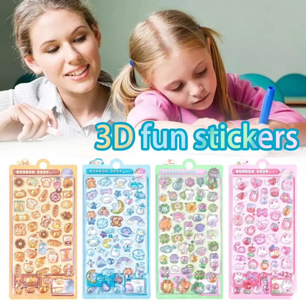 4pcs 3D Puffy Stickers for Kids, Cartoon Crystal Rhinestone Bubble Sticker Sheets, Cute Raised Decor for Scrapbooking DIY