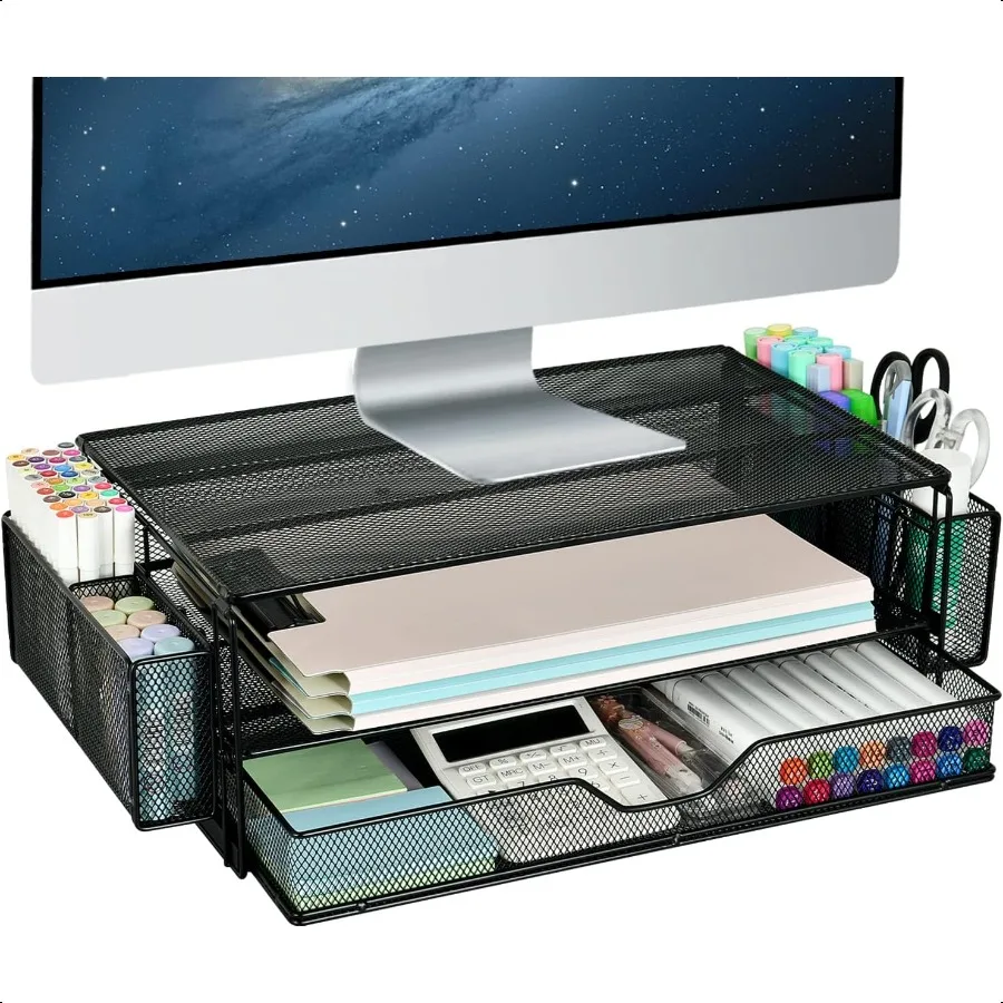 

AUPSEN 2 Tier Computer Monitor Stands with Drawer and 2 Pencil Holder Metal Monitor Stand Monitor riser Computer Desk Organizer