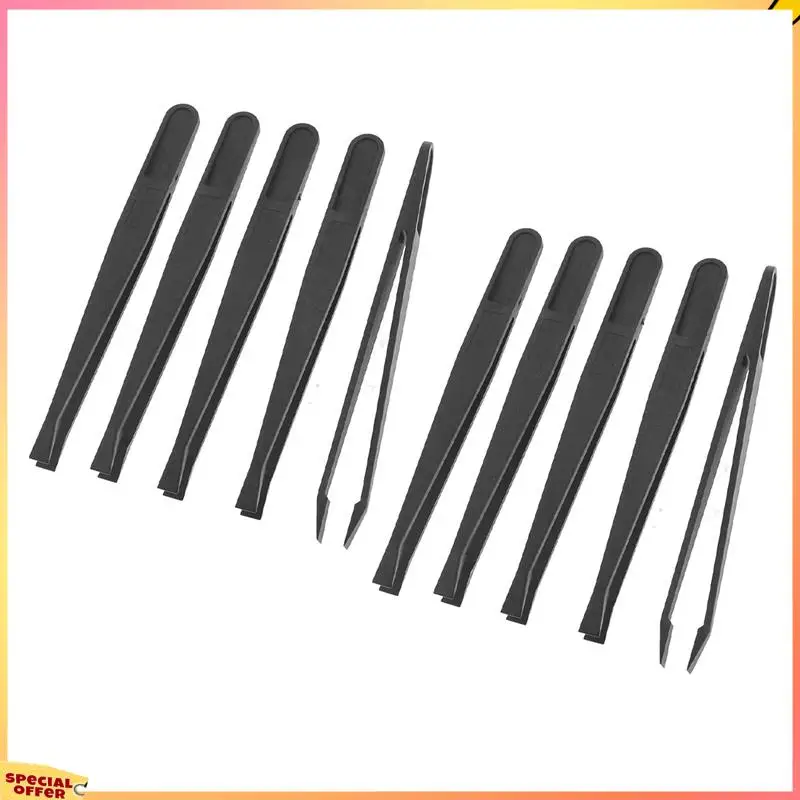 ABFI 10 Pcs Manual Tool Black Plastic Flat Tip Anti-Static Tweezer 12Cm Long