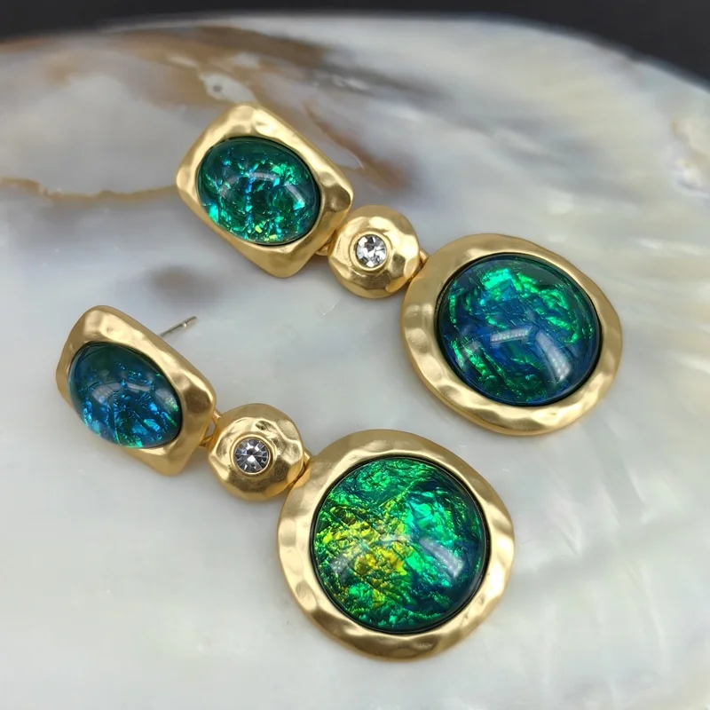 

2025 Ins Designer 925 Silver Synthetic Opal Ear Drop Dangles Oval Tourmaline Tassel Hanger Cuff Earrings Statement Fine Jewelry