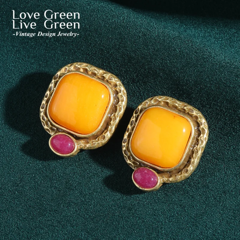 

Vintage Yellow Natural Stone Square Earring Stud Gold Color Border Quality Luxury Designer Gifts For Woman Accessories Christmas