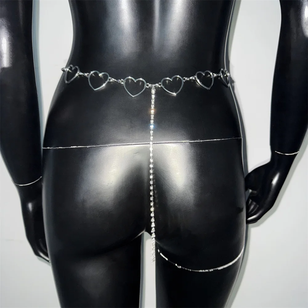 Sexy Women Hollow Heart Waist Chain Silver Rhinestone Tassel Belt Y2K Hip Hop Body Jewelry for Bikini Low Rise Jeans Party Wear view 4