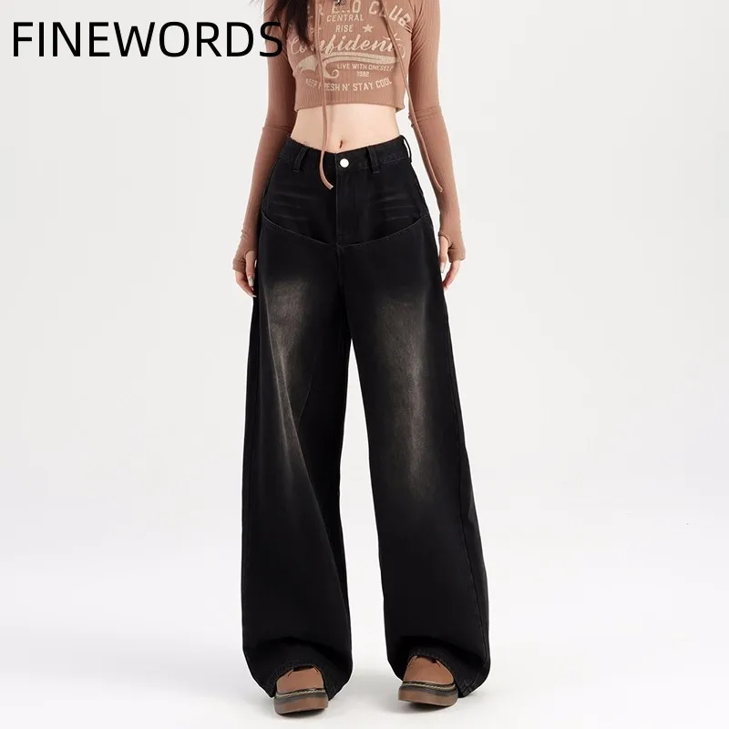 FINEWORDS Wide Leg Vintage Jeans Women High Waist Baggy Jeans Korean Casual Streetwear Harajuku Loose Dark Gray Denim Pants