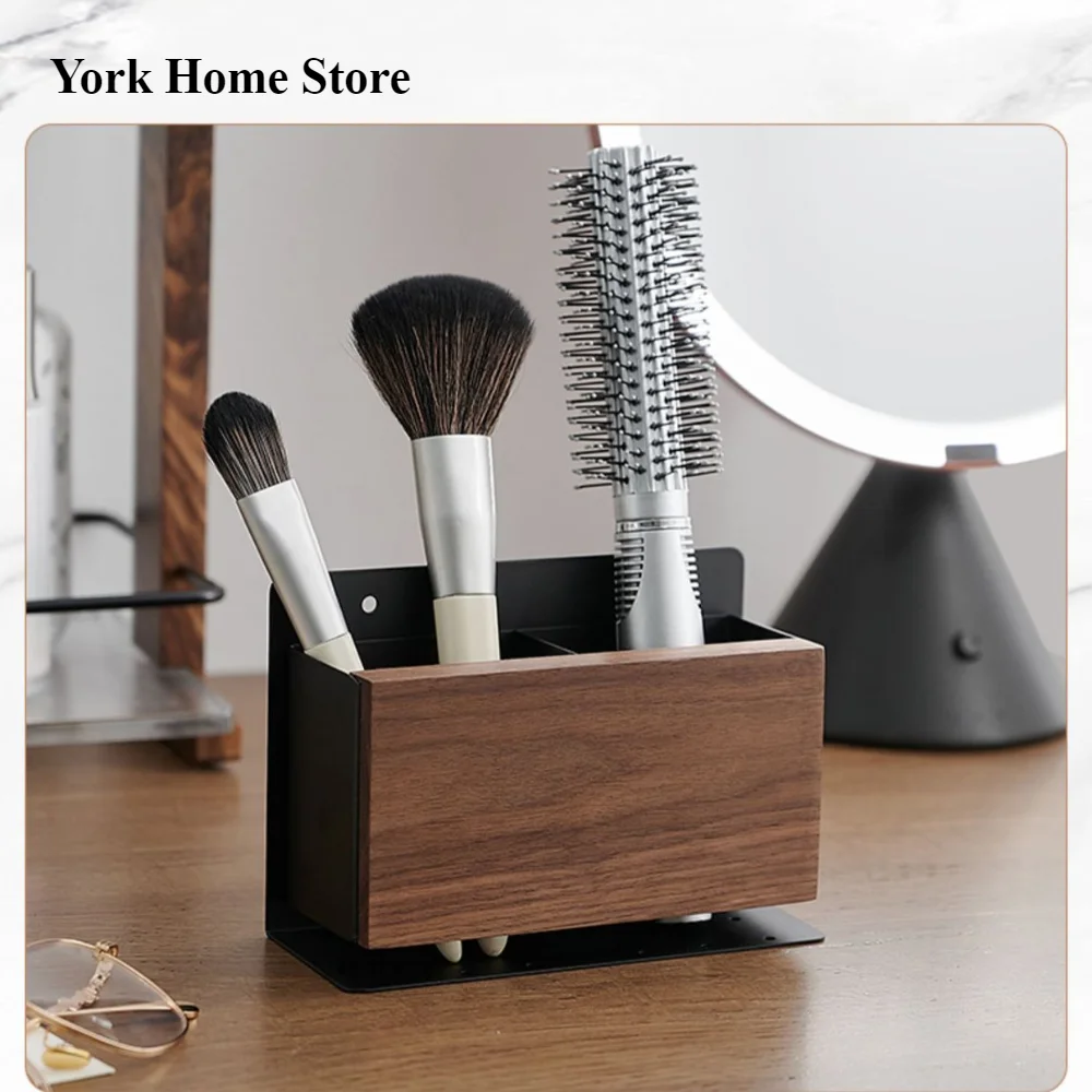 Wooden Metal Makeup Brush Storage Tube Bathroom Comb Holder Toothpaste Toothbrush No Punching Wall Mounted Bathroom Razor Holder