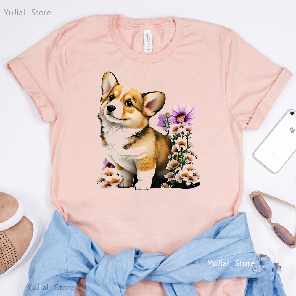 Women Clothes 2024 Summer Cartoon Corgis Print Funny Graphic T Shirts Girls Cute Top Female T-Shirts Dog Lover Birthday Gift Tee