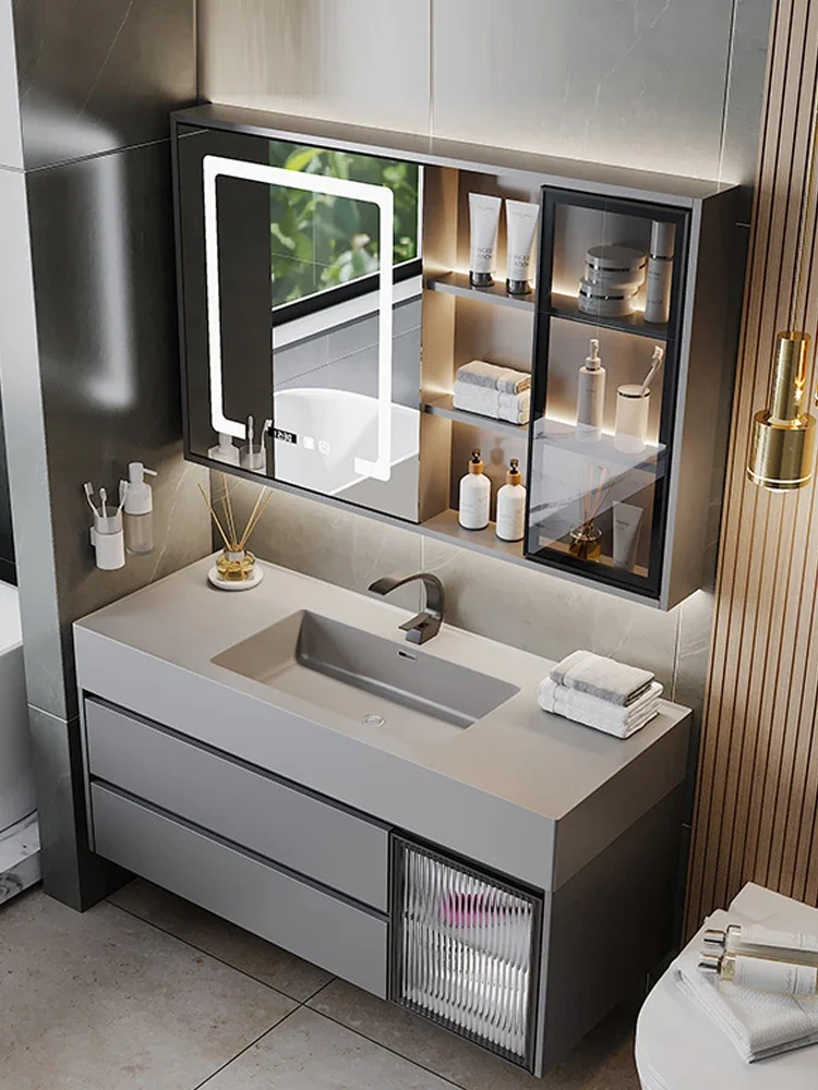 CF light luxury solid wood bathroom cabinet smart mirror cabinet combination rock integrated simple bathroom washstand