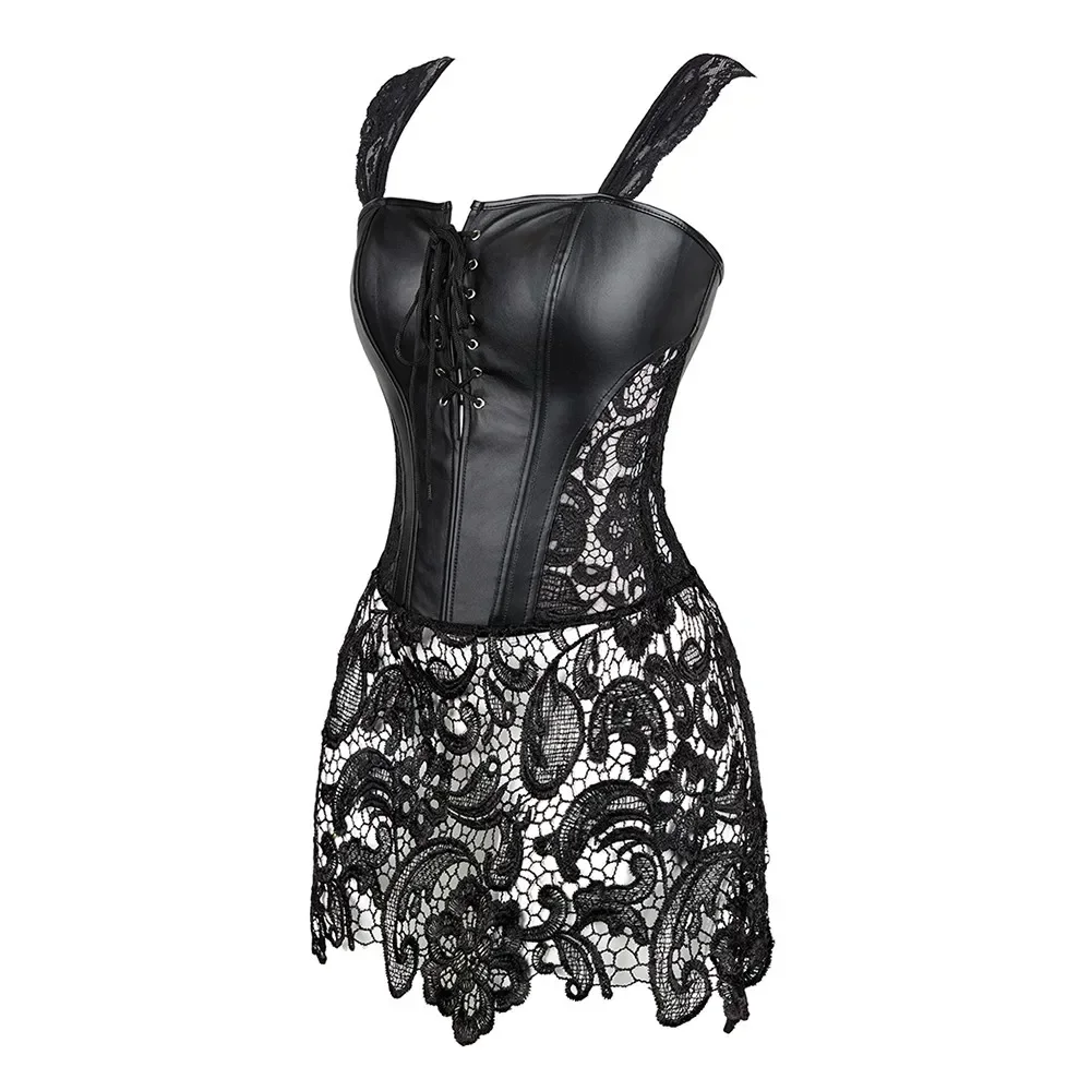 Women's Steampunk Gothic Overbust Corset Dress Lace Up Zipper Back Punk Faux Leather Bustier Lingerie Plus Size