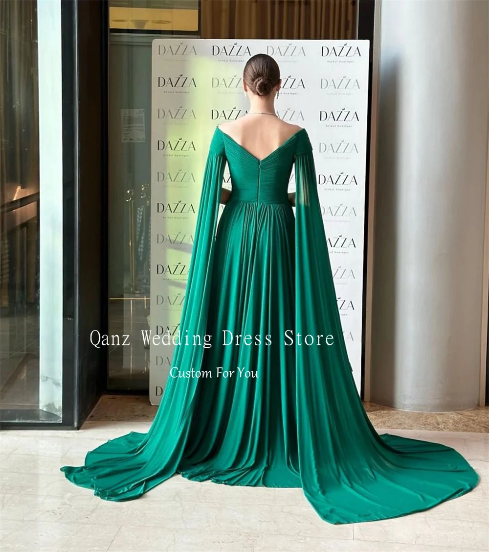 Qanz Green Long Cap Sleeves Evening Dresses Long A Line Formal Dress Women Elegant Chiffon V neck Open Back Vestidos De Fiesta