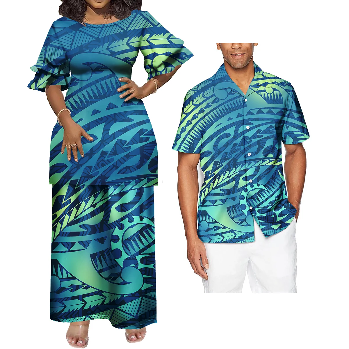 Novo Vestido Puletaha Tribal Polinésio Personalizado com Gola Redonda, Vestido Puletasi Samoano, Uniforme de Igreja Ptaha, Conjunto de 2 Peças para Mulheres