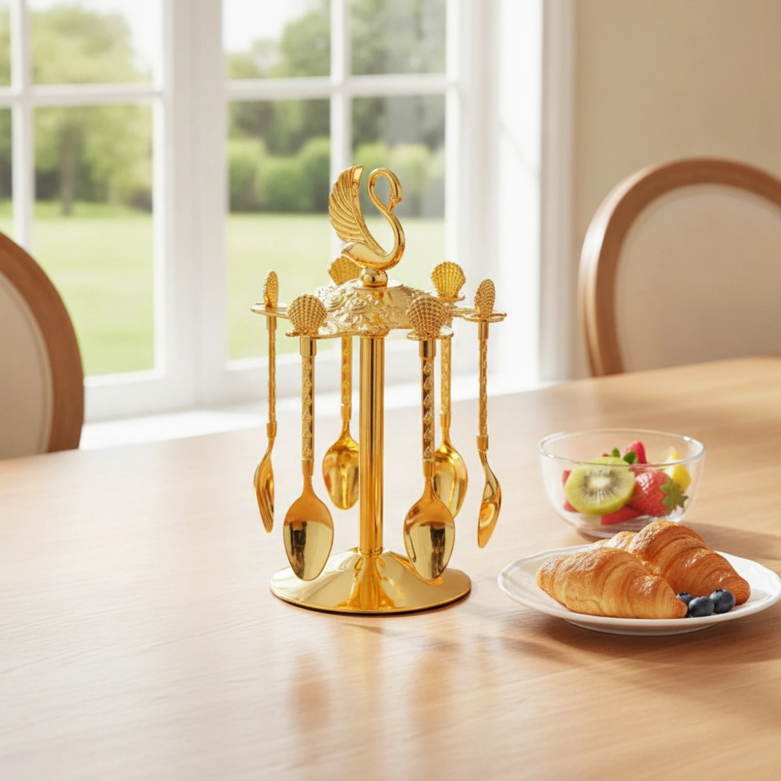 Spoon Rack with Spoons Embossed Swan Spoon Holder Mirrored Decorative for Collectors, Tea Table, Dessert Presentation