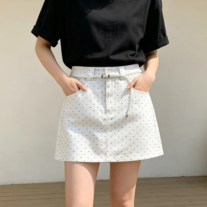 White Retro Polka Dot Skirts High-Waist Short Skirt for Women Summer Fall Denim Cargos Black Mini Skirt jirai kei skirt