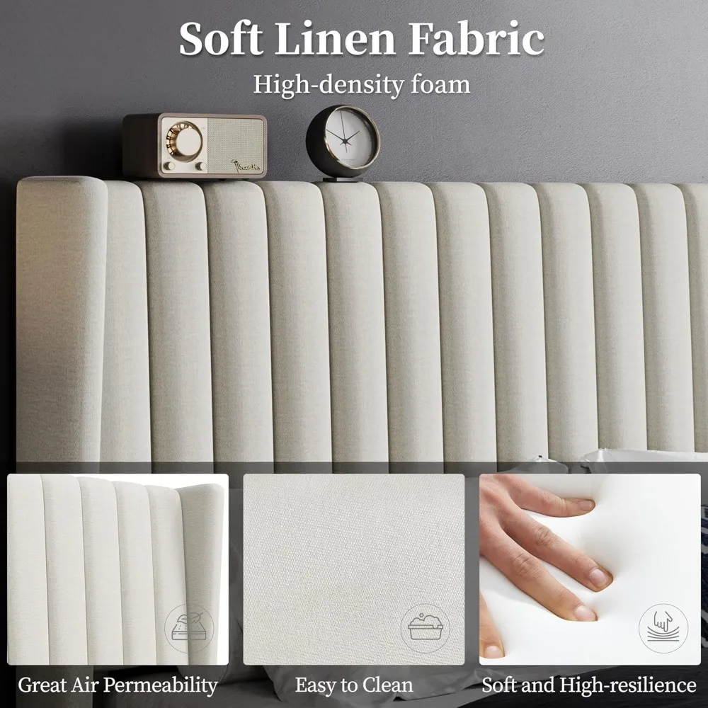 Cadre de lit queen rembourré avec tête de lit en tissu, design à bord d'aile, support à lattes en bois, assemblage facile en ivoire