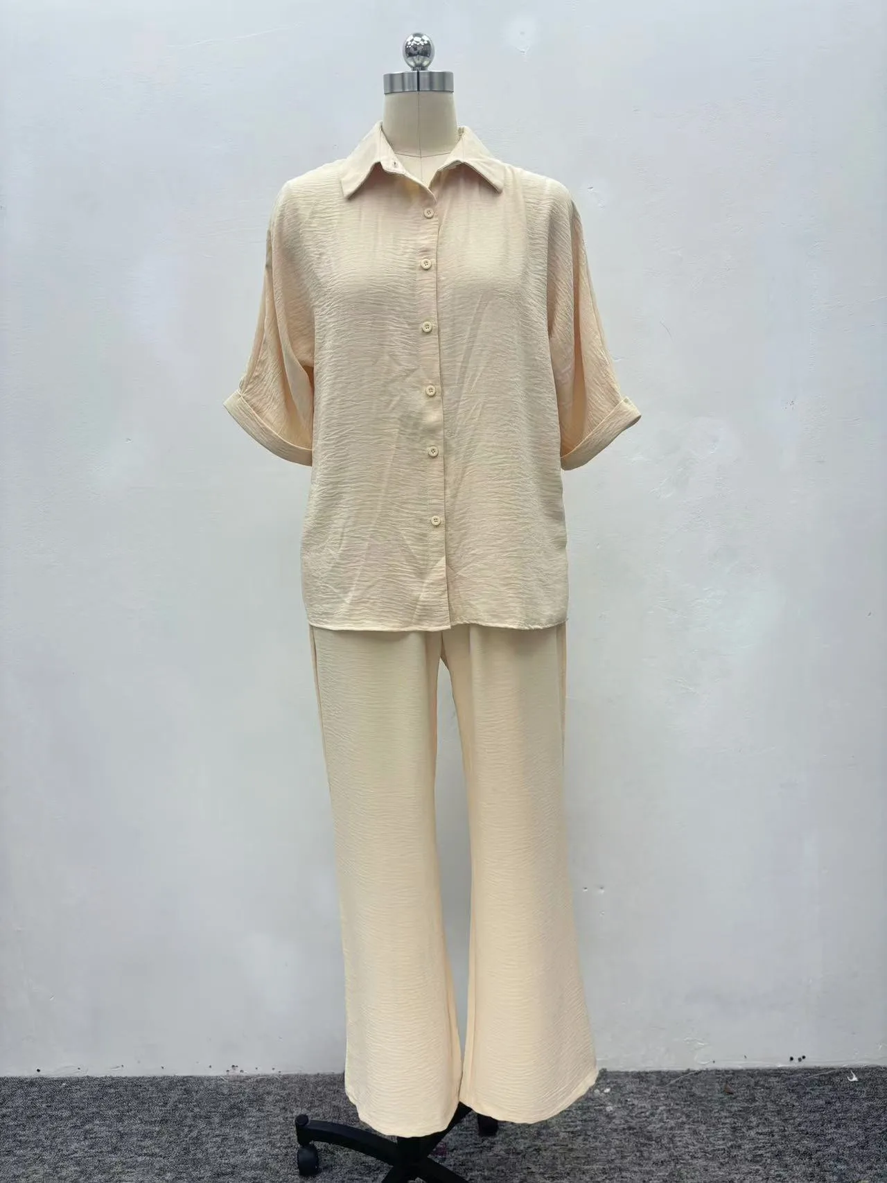 Conjuntos de dos piezas de pantalones para mujer, conjuntos a juego de manga corta, Tops de trabajo elegantes, pantalones largos de pierna ancha, cintura alta, informales, sueltos, 2025