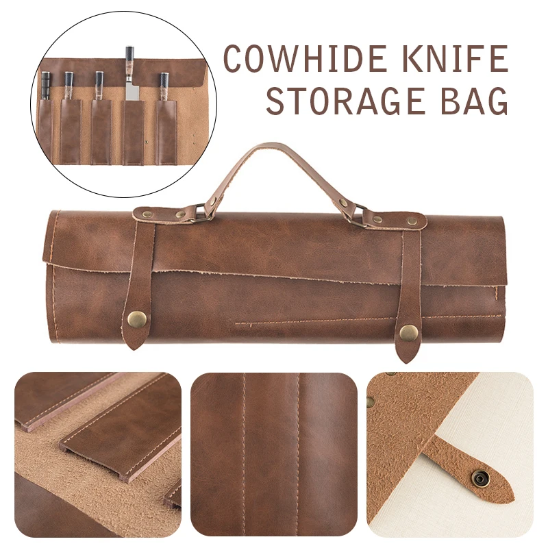 

Portable Two-layer Cowhide Leather Chef Knife Bag Cooking Kitchen Knives Storage Roll Bag Camping Carry Case Pockets Pouch