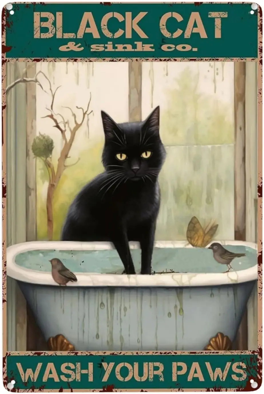 Pancarte en métal vintage pour salle de bain - Mignon chat noir 'Lave tes pattes' - Décoration murale rétro - Parfait pour les amoureux des chats - Décoration d'Halloween