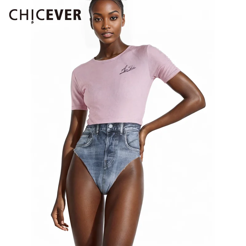 

CHICEVER Hit Color Denim Jumpsuits For Women Round Neck Short Sleeve Backless High Waist Slim Spliced Lace Up Jumpsuits Female