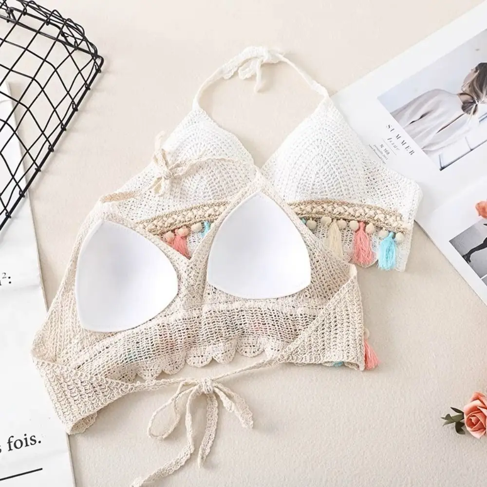 Summer Sleeveless Female Crochet Camisole V Neck Short Bohemian Style Vest Tassel Hot Tops Knitting Crop Tops Girls