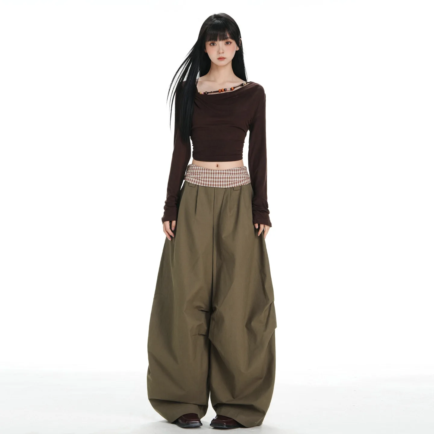 Draped Casual Spliced Waistband Three-Dimensional Pleated Design Vintage Lazy Sense Wide-Leg Pants