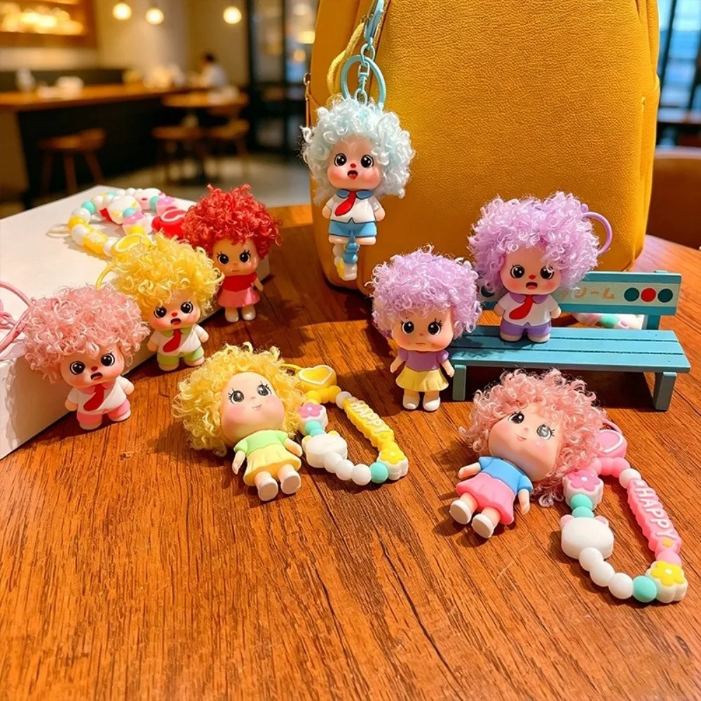 Fashion PVC Curly Hair Doll Keychain Cartoon with Lanyard Doll Bag Pendant Dopamine Girl Key Chain Gift Bag Charm