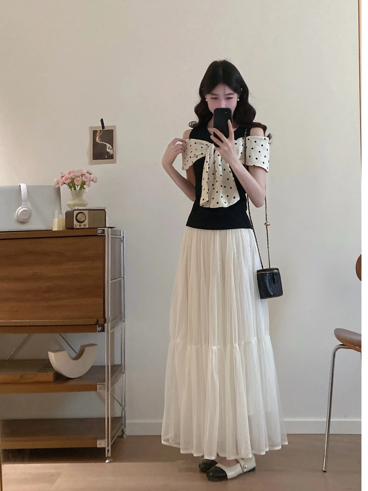 

plus Size Sweet Style Shoulder Bared Knot Splice Top Women's Summer New High Waist Mesh Half Skirt Set Korean Versi...