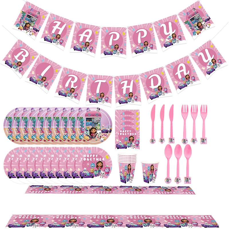 Gabby Dollhouse Birthday Party Decorations Tableware Stickers Popcorn Box Tableware Pink Balloons Party Favors Birthday Decor