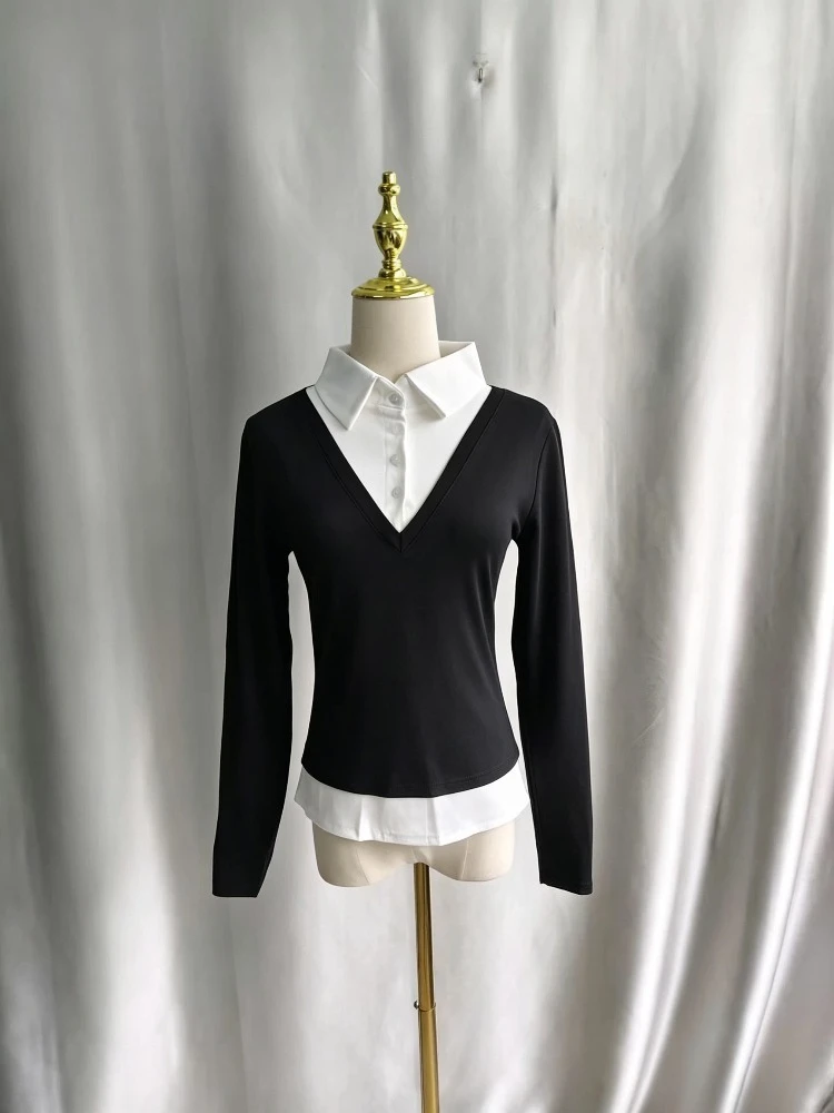 Kimutomo Fake Two Piece Vintage T Shirts Women Turn Down Collar Long Sleeve Slim Vintage Grunge Gothic Female Tops Casual Shirt image 3