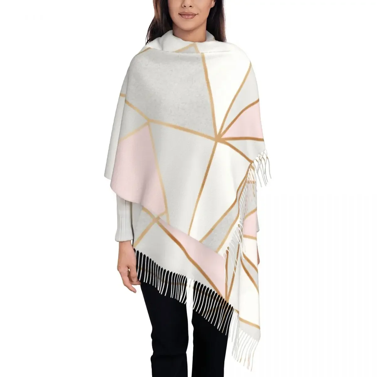 Pink Grey Gold Geometric Abstract Pattern Tassel Scarf Women Soft Geometry Shawls Wraps Ladies Winter Fall Scarves