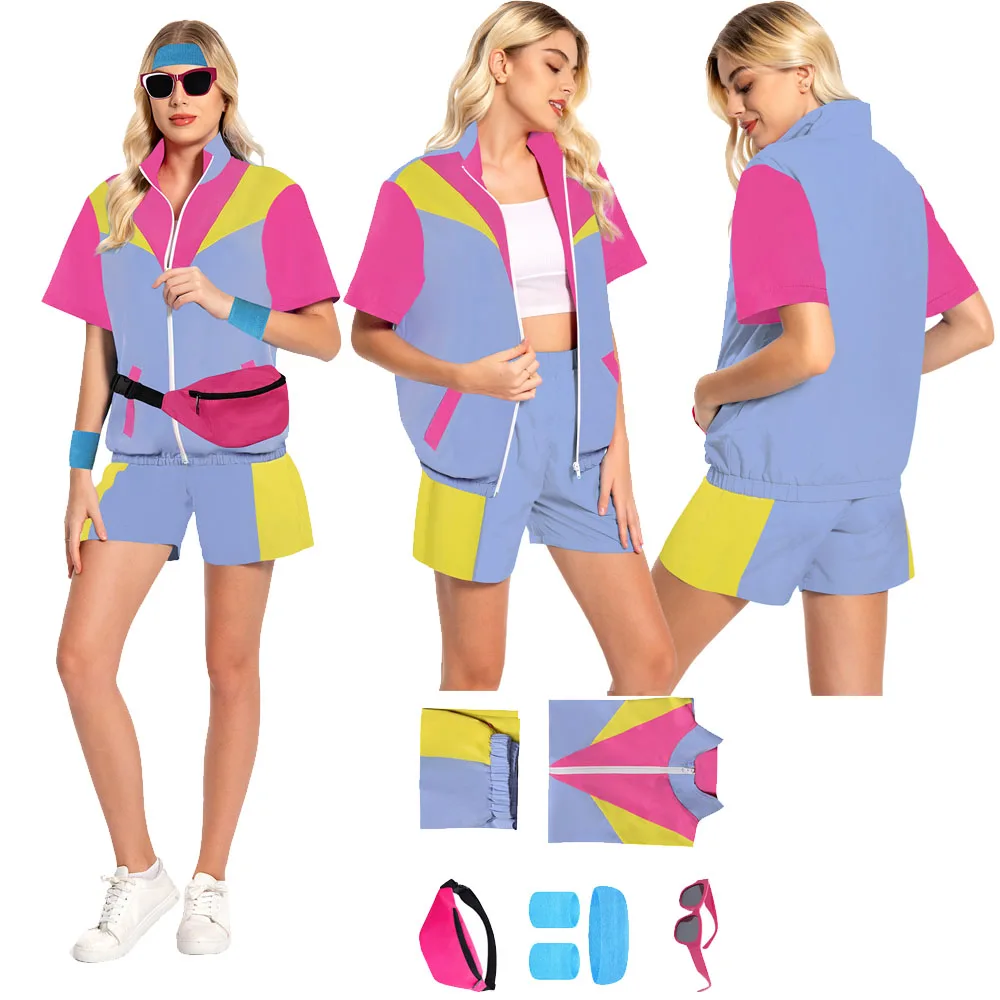 80s 90s Track Short Sleeve Shorts Sportswear Pocket Suits Set Women Men Outfits Cosplay Costume Halloween Carnival Suit