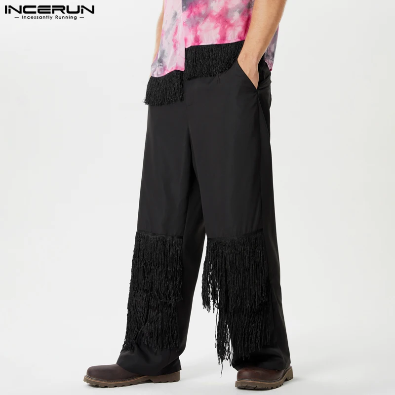 INCERUN 2024 American Style Trousers Fashion Men's Splicing Tassel Design Pants Casual Simple Solid Traight Leg Pantalons S-5XL