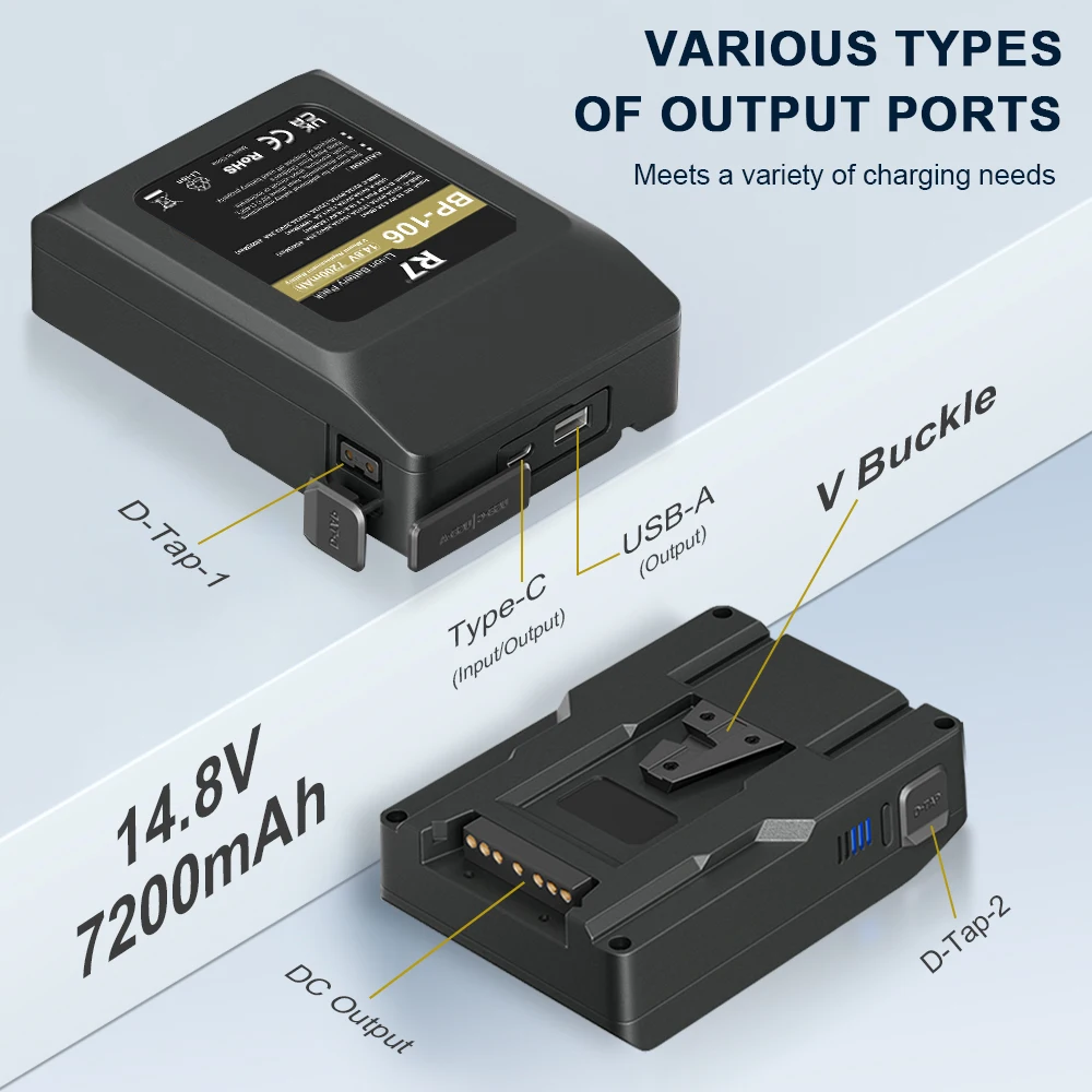 High-Capacity V-Mount Battery BP-106 (7200mAh) for Sony HDCAM XDCAM, BMPCC 4K, DSLR Monitors, LED Panels