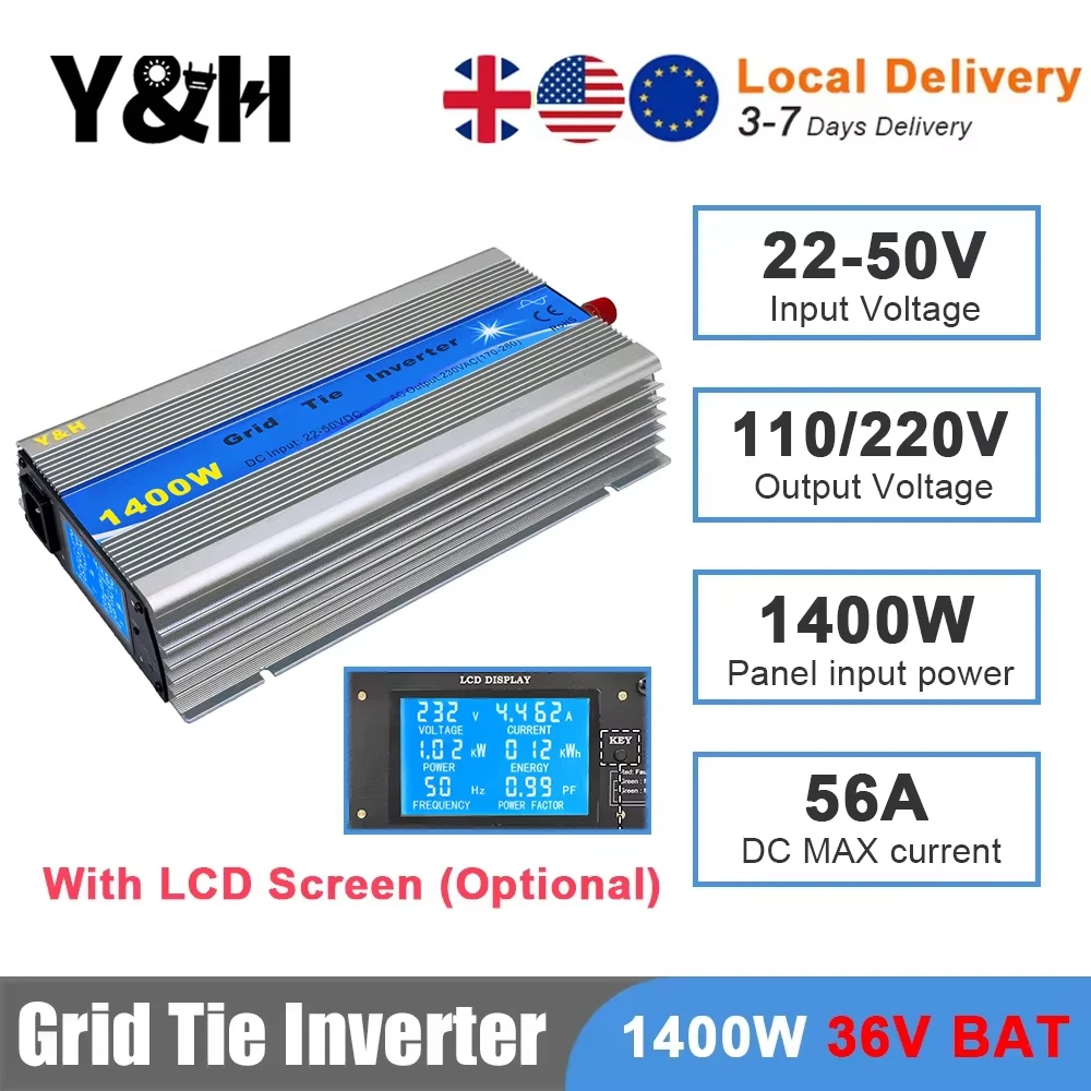 Y&H 1400W Grid Tie Solar Inverter DC22-50V to AC110V/220V MPPT Pure Sine Wave Converter 36V Battery Discharge Mode Optional LCD