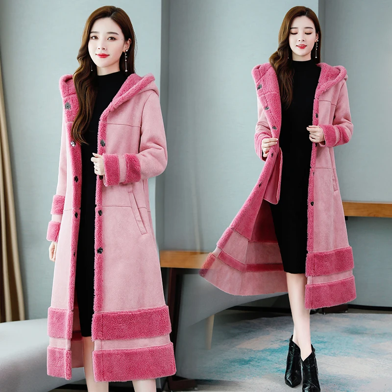 Long Woolen Coat Women Fur Collar Hooded Jacket Winter Fur Coat Oversized Loose Fashion Thick Warm Wool Jacket Women Overcoat