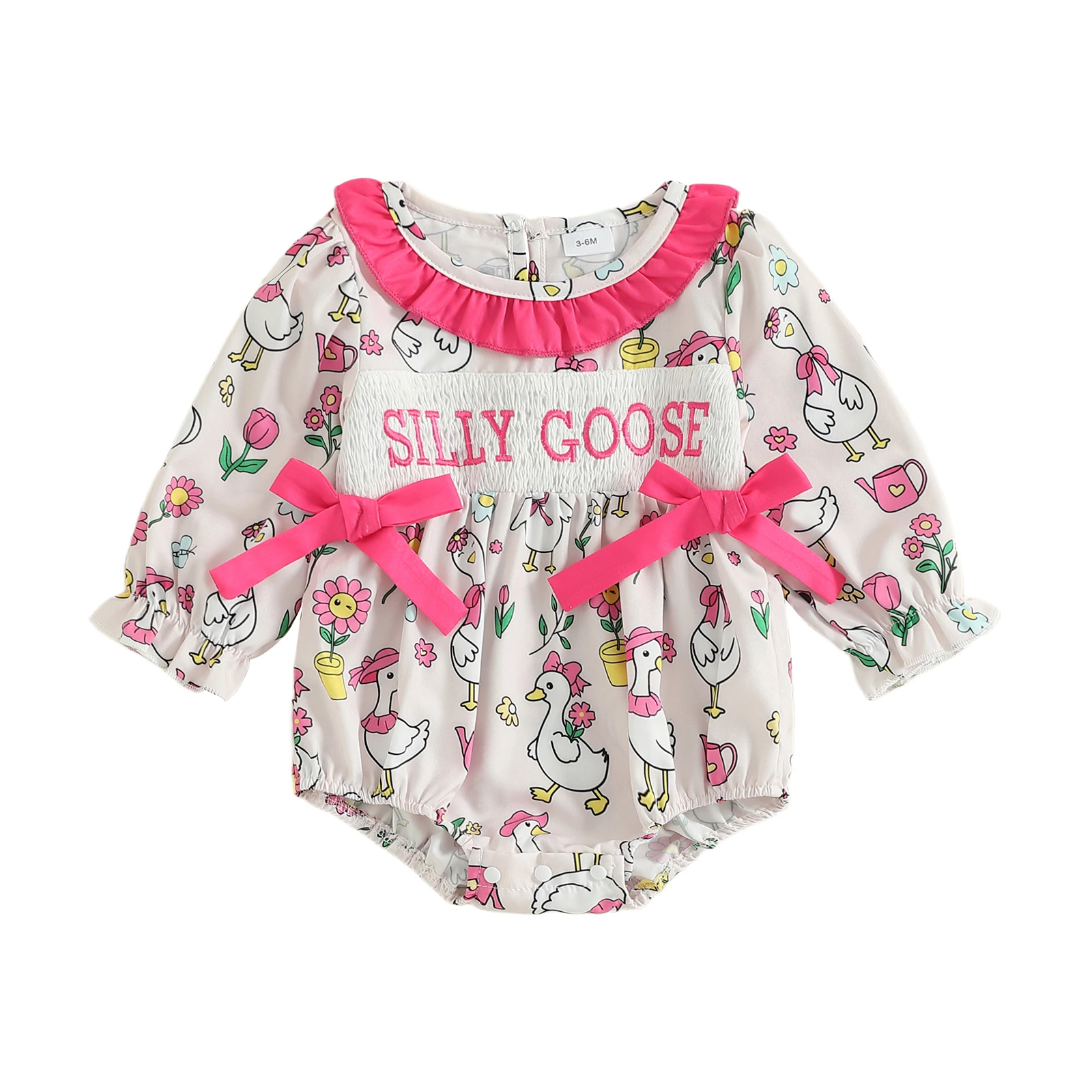 

Baby Girl Fall Romper Goose Floral Ruffle Trim Smocked Long Sleeve Bodysuit with Bows Cute Infant Clothes
