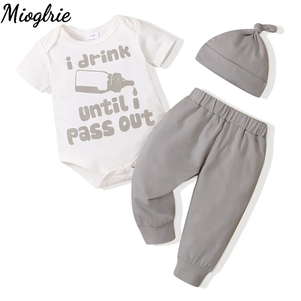 0-12Months Newborn Baby Boy 3PCS Clothing Set Funny Letter Printing Short Sleeves Bodysuit + Elastic Waist Pants + Hat Costumes