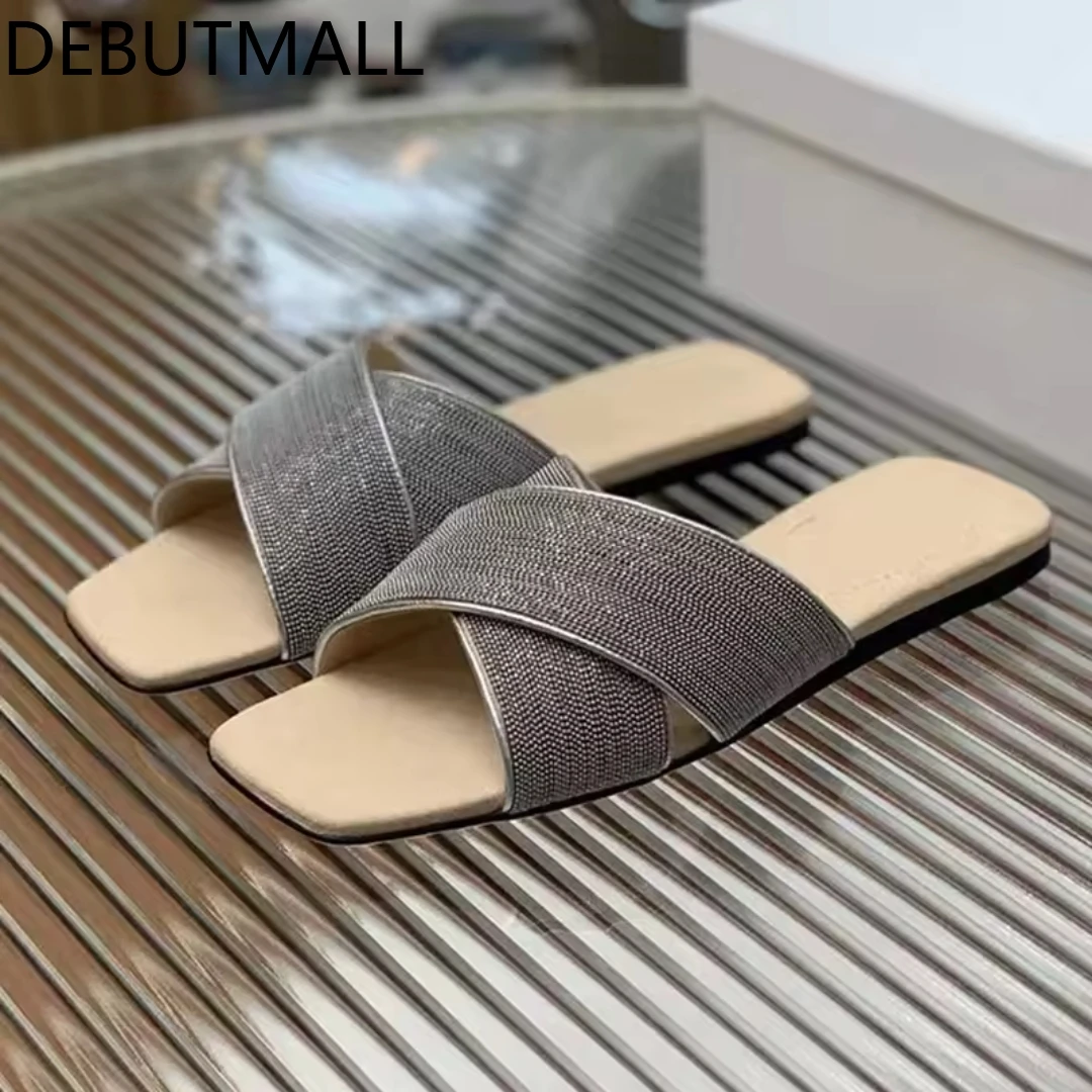 Summer Women's Open-Toe Mules | Suede & Beaded Chain Design | Comfortable Flat Sandals for Beach & Vacation