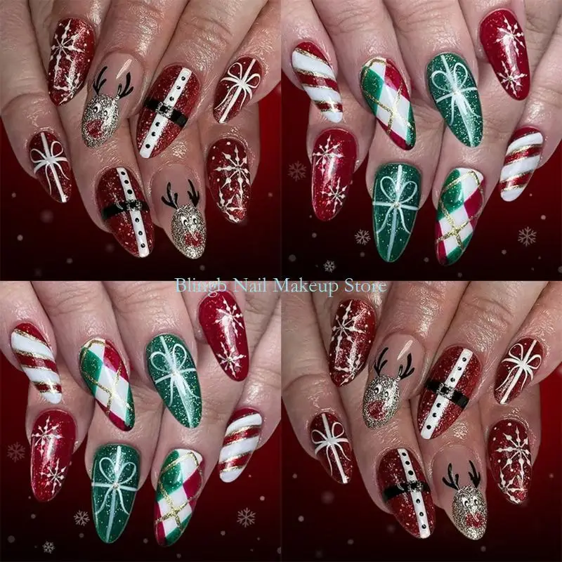 28TA Press On With Snowflake Glitters Plaids French Tips 48Pieces ABS Fake For Women Holiday Gatherings