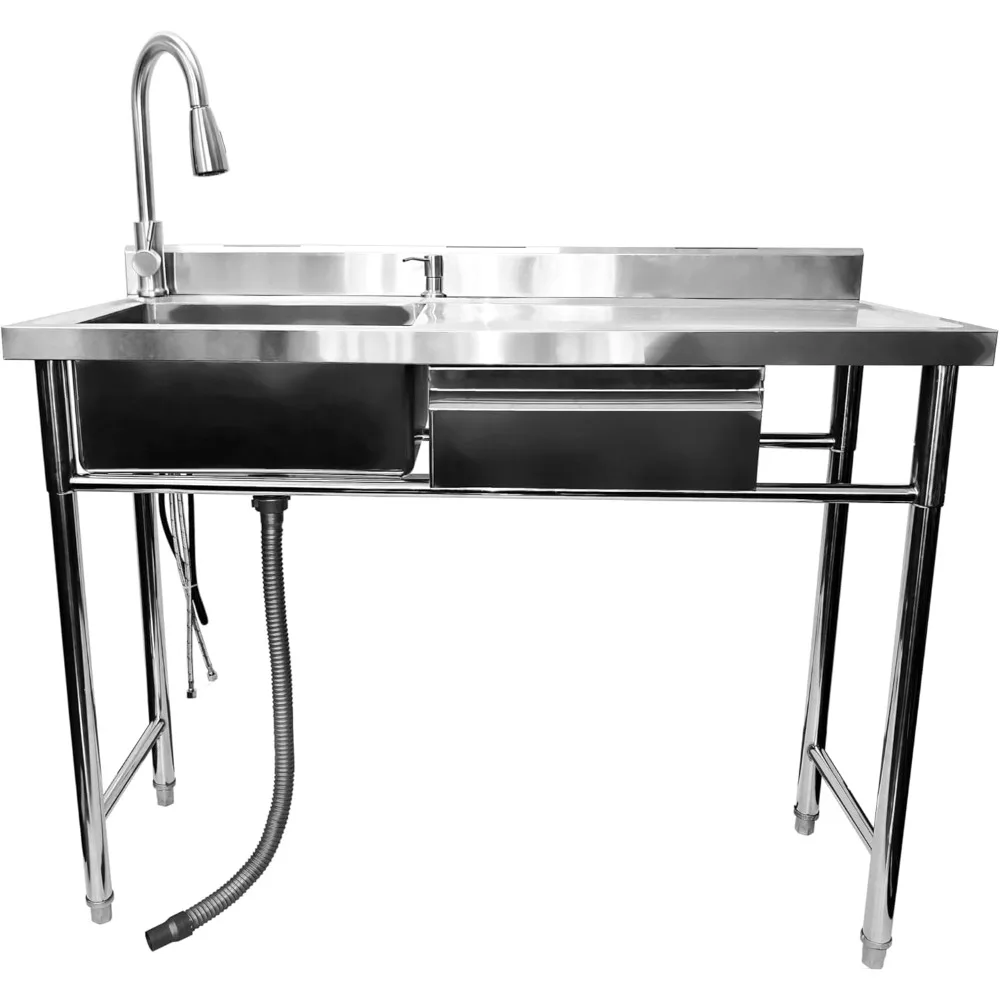 

304 Stainless Steel Utility Sink with Faucet – Free Standing Single Bowl Kitchen Sink with Workbench & Drawer Storage, Hot/Cold