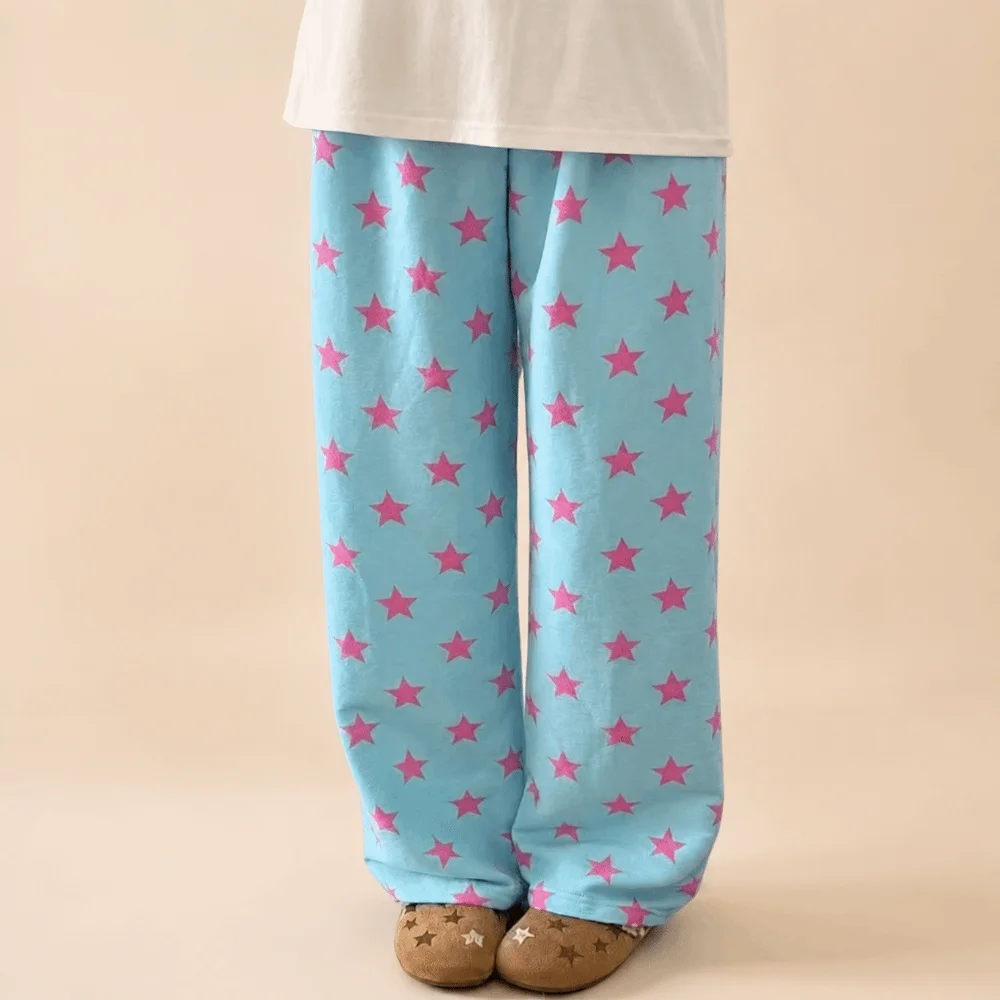 Cartoon Print Women Home Pants Loose Fit Star Print Night Pants Soft Fabric Elastic Waistband Cartoon Print Pants