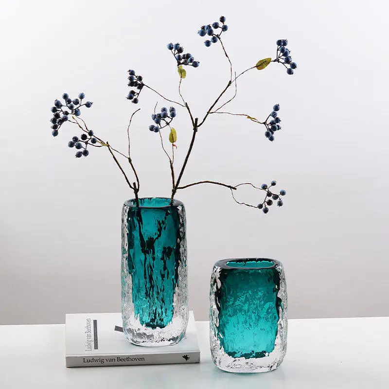 Nordic Minimalist Light Luxury Wabi Wind Hand-blown Hammer Glass Vase Crystal Morandi Glazed Blue Flower Ware